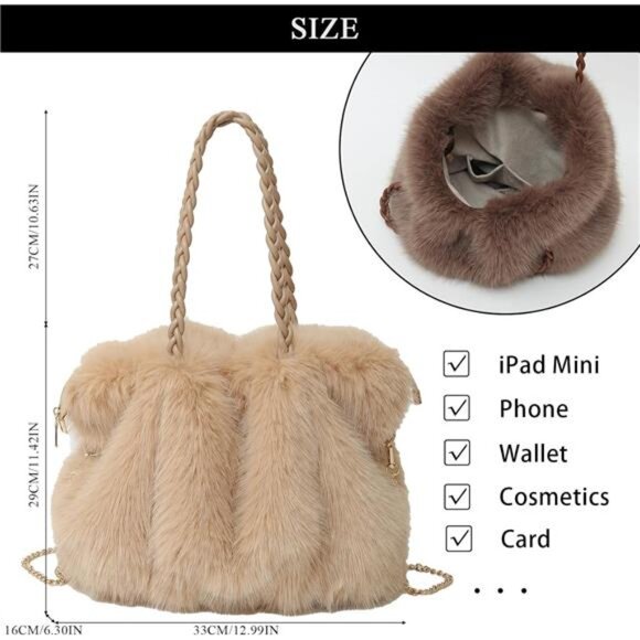 Furry Purse Winter Fluffy Bags Beige - Picture 4 of 4